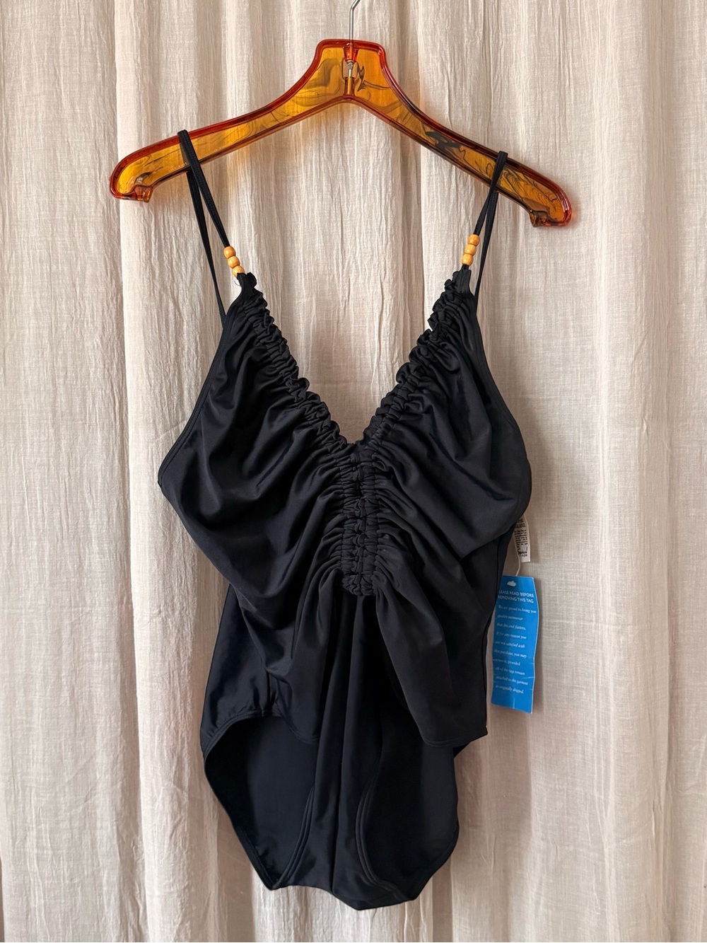 Vintage spiegel Black Ruched One-Piece deep v-neck Swimsuit Beads swim sexy